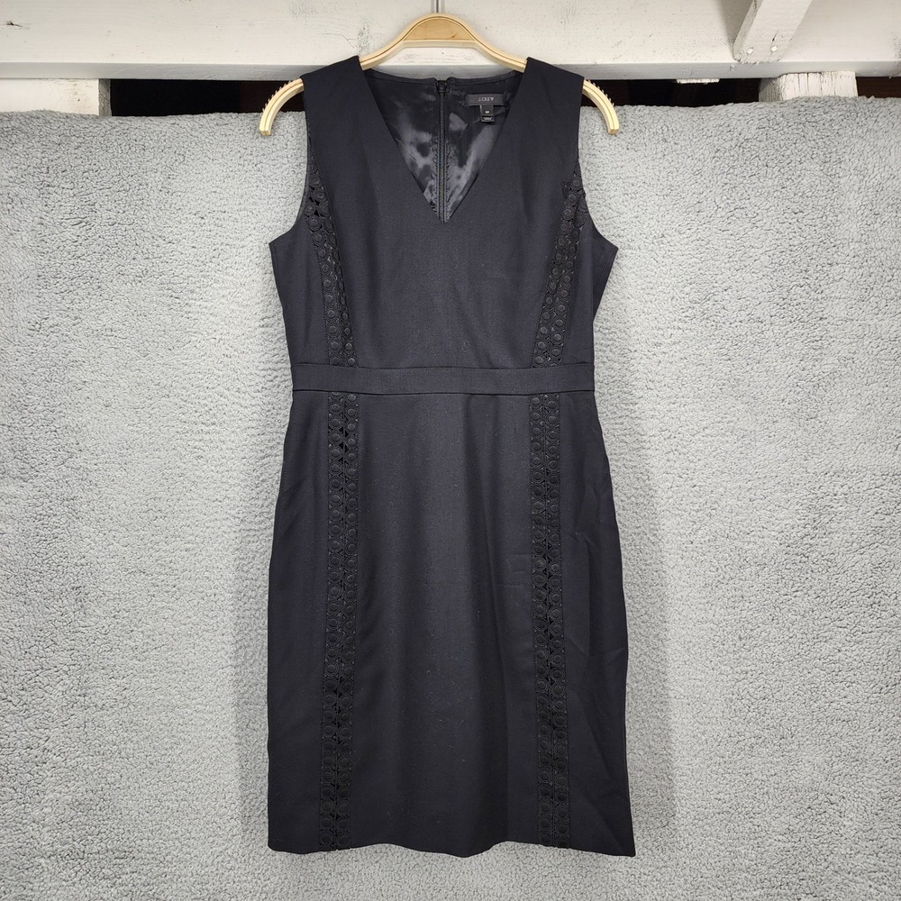 J.Crew Women Black 100% Wool Eyelet‎ Lace Trim V-Neck Sheath Dress 6P Petite